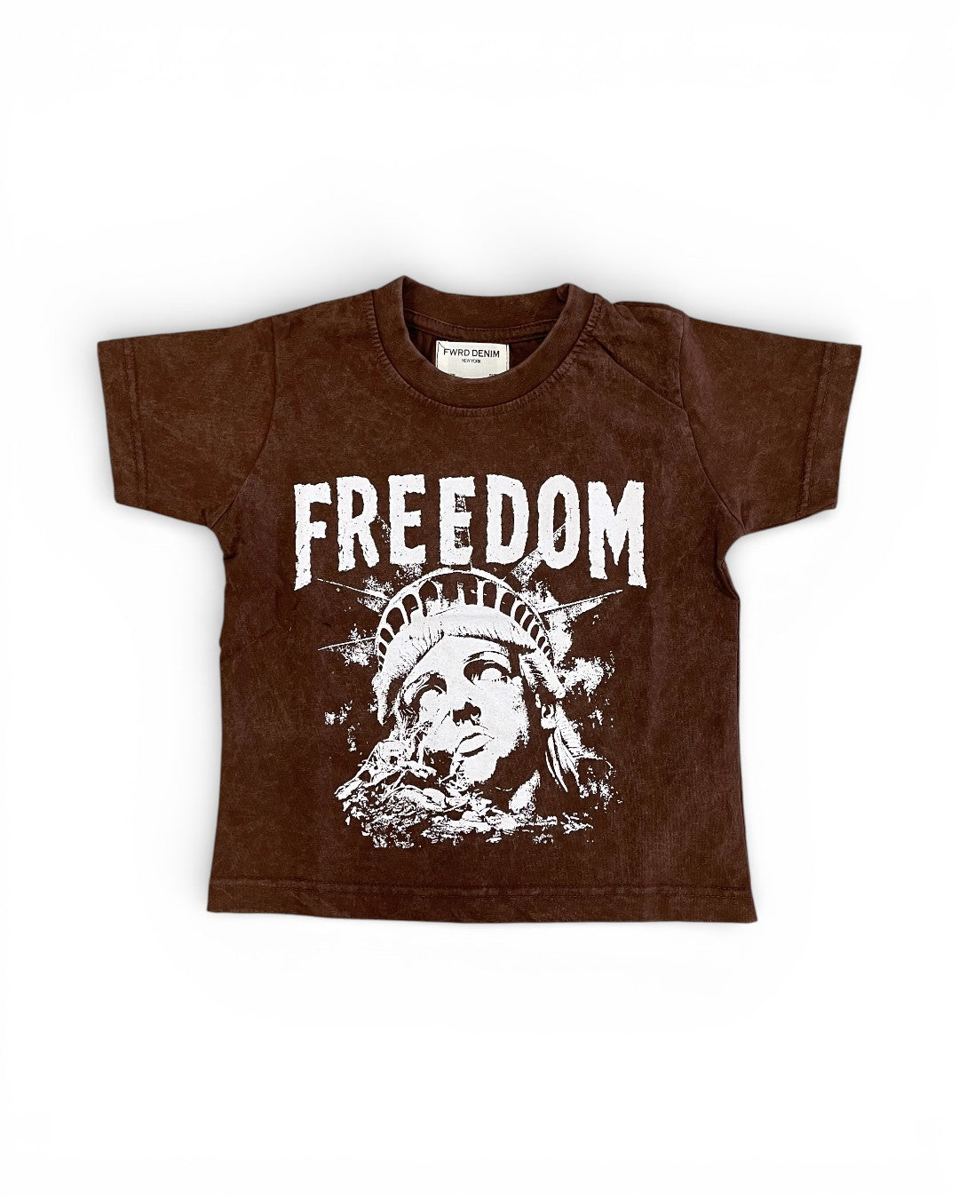Brown t-shirt with 'FREEDOM' graphic design on a white background