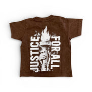 Brown t-shirt with white graphic and text 'Justice for All' on a white background