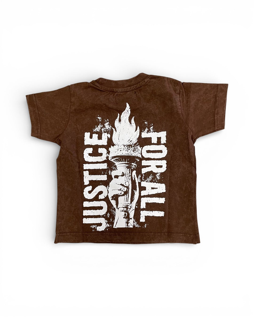 Brown t-shirt with white graphic and text 'Justice for All' on a white background