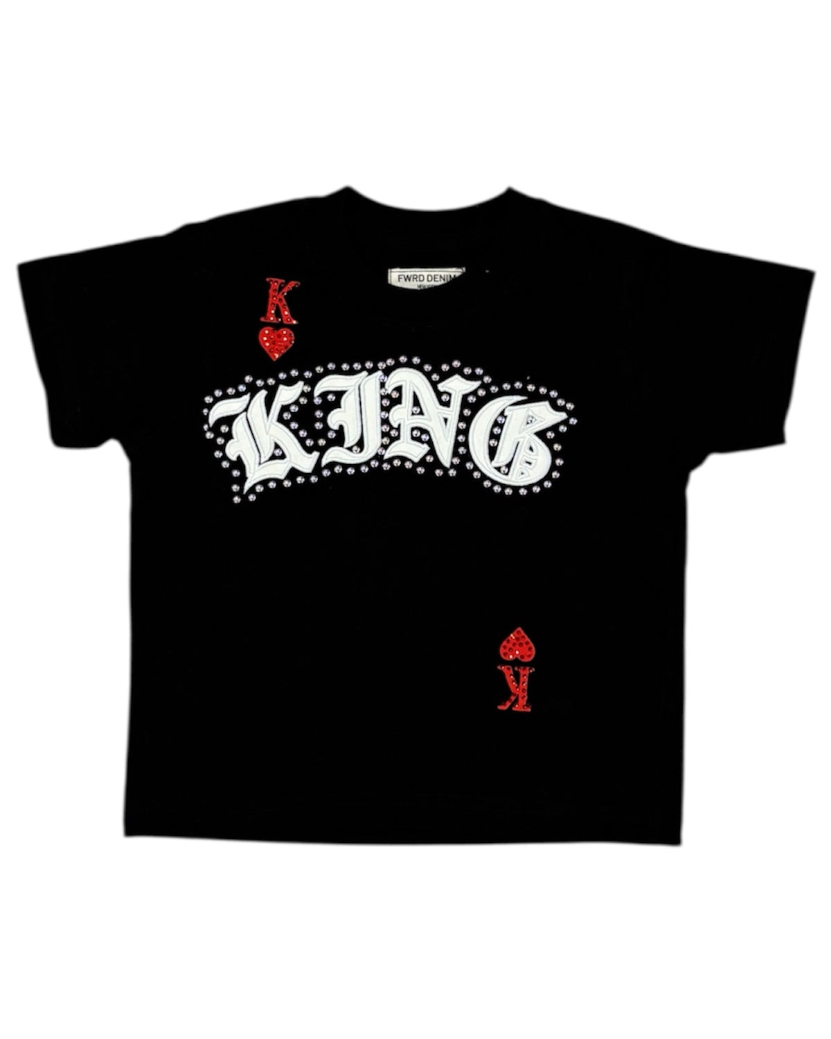 Black t-shirt with white and red graphics on a white background