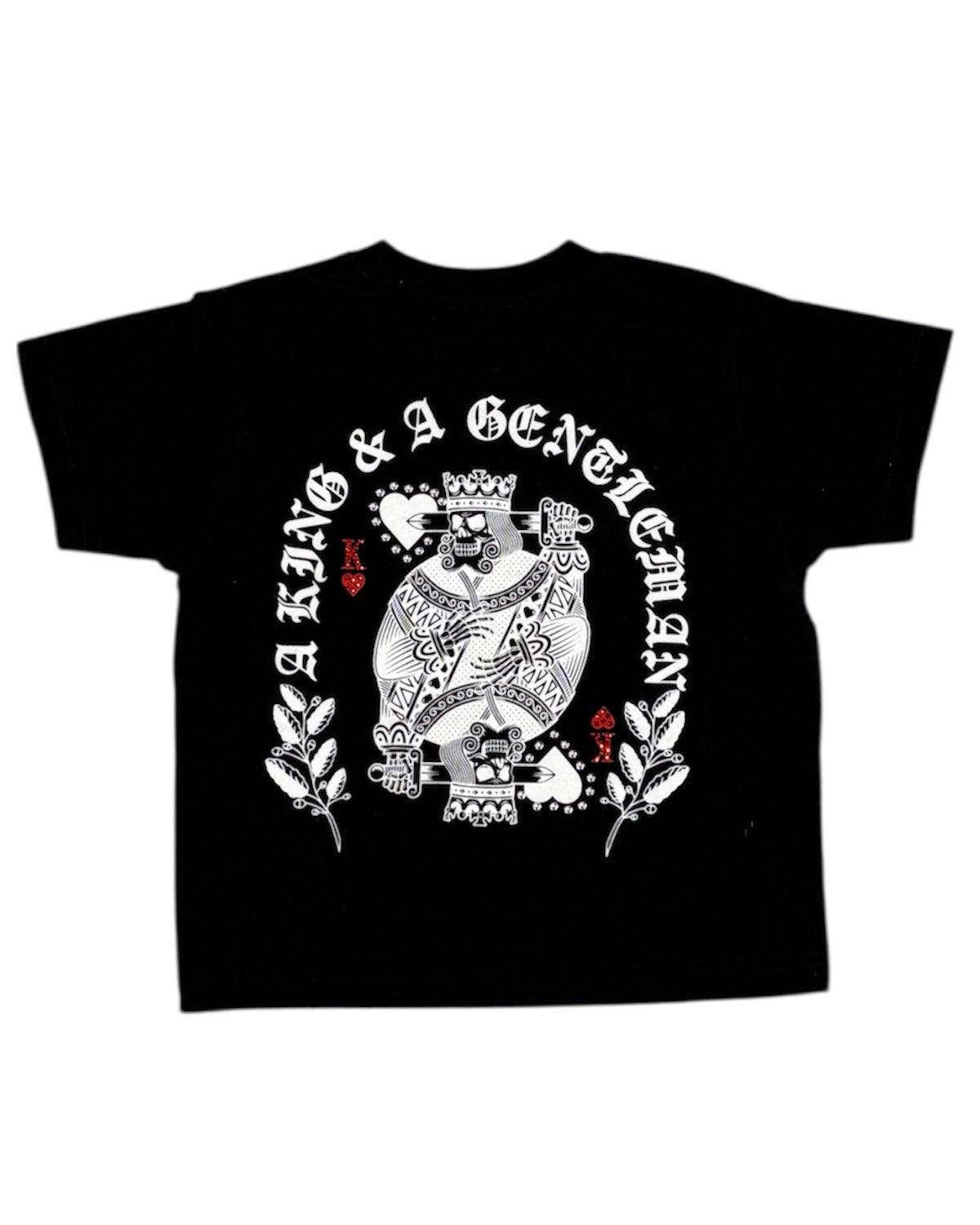 Black t-shirt with white graphic design and text on a white background