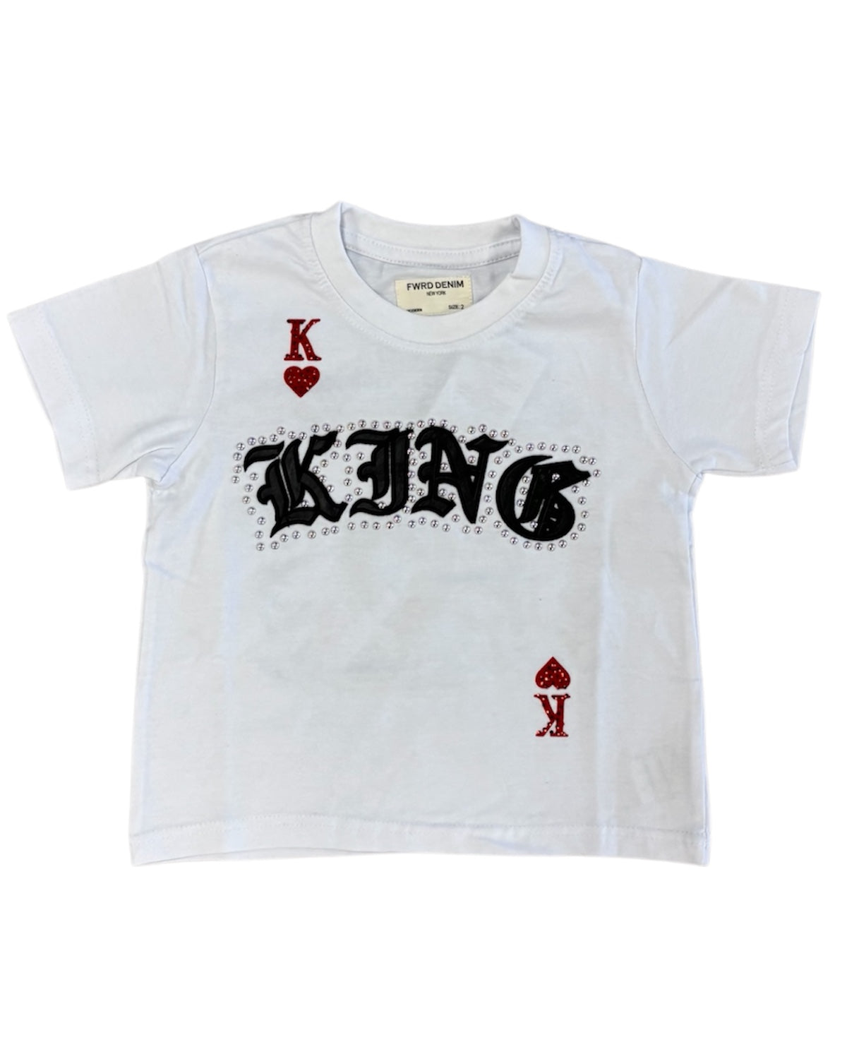 White t-shirt with 'KING' design on a white background