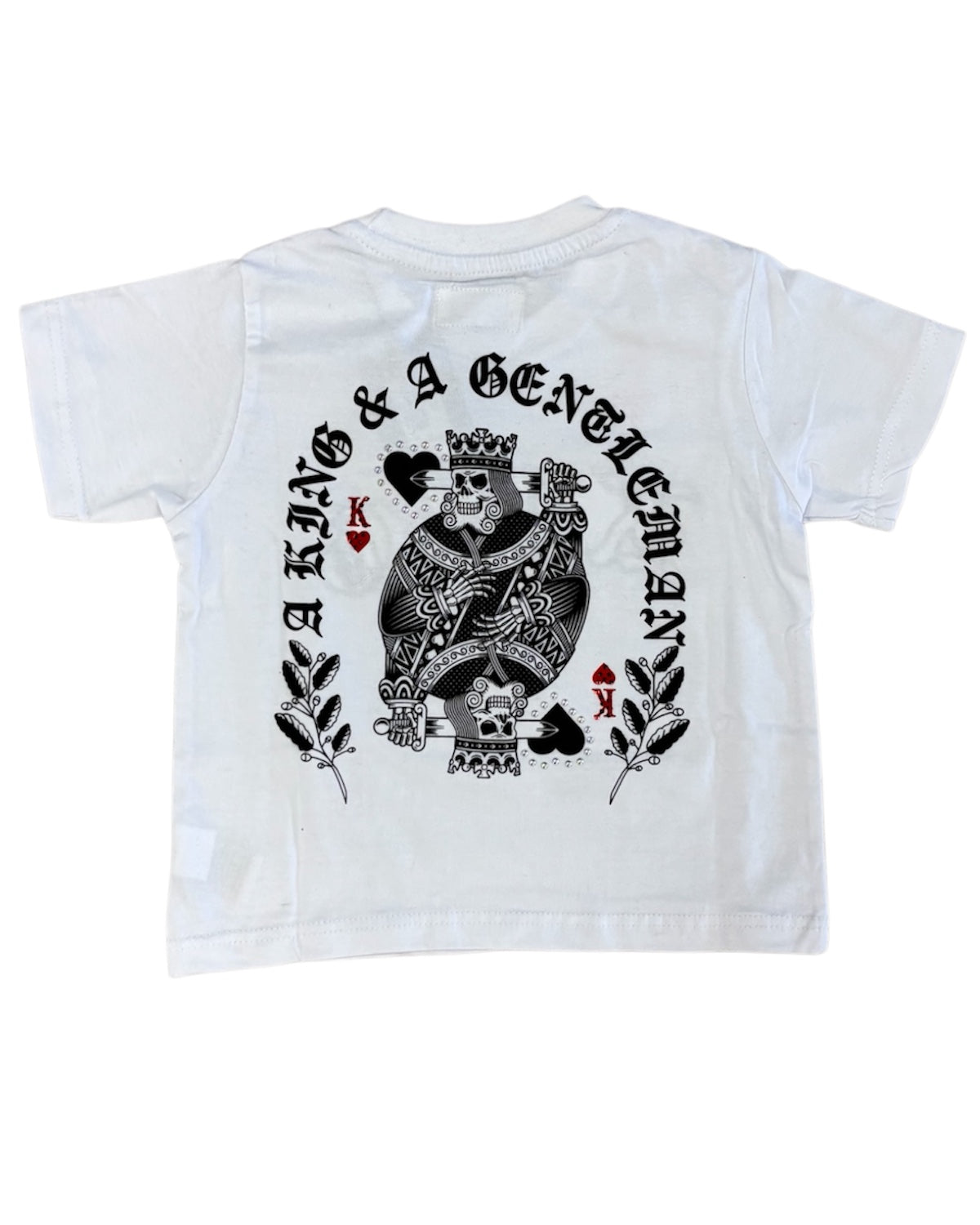 White t-shirt with a graphic design of a king and a gentleman on a white background