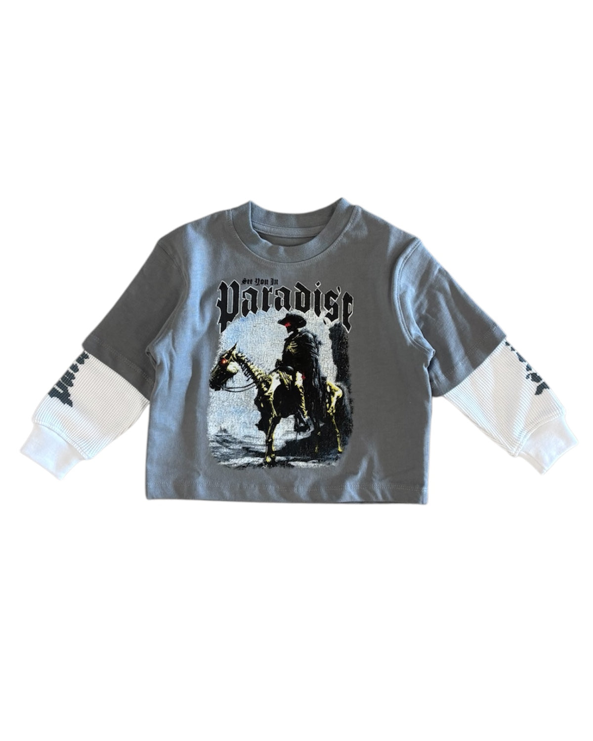 Gray sweatshirt with a graphic of a cowboy and text on a white background