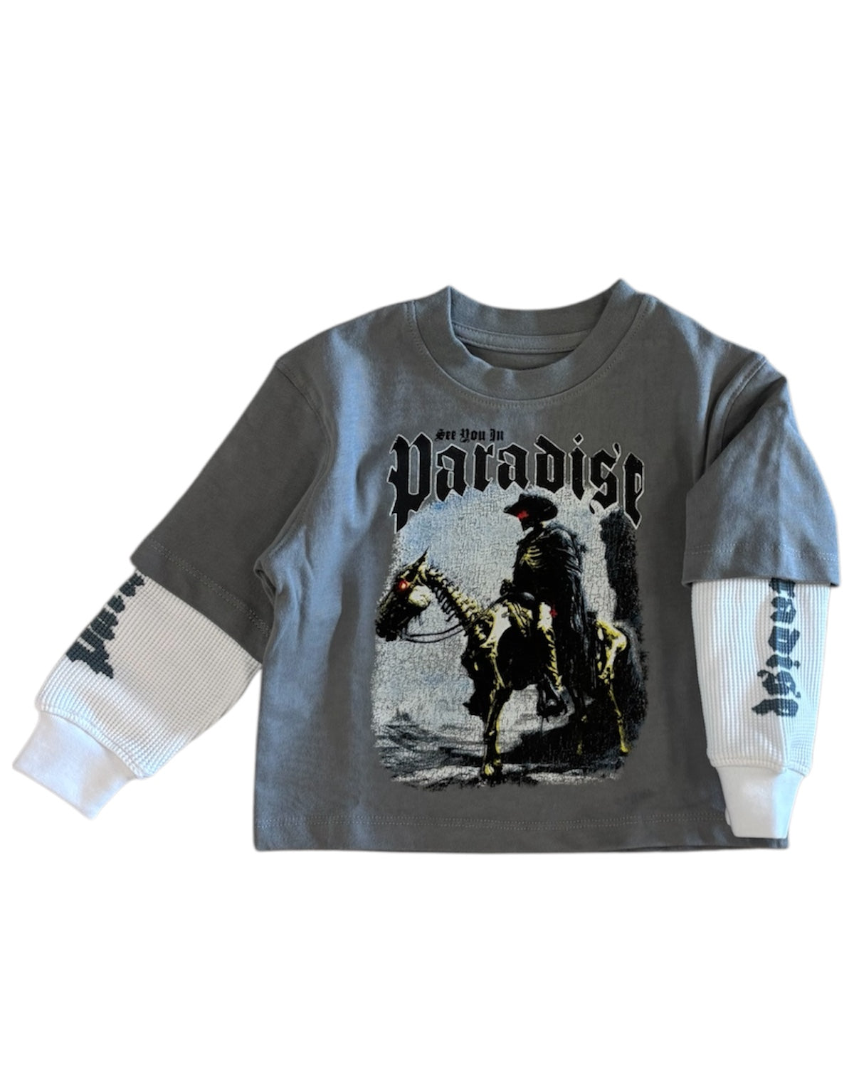 Gray long-sleeve shirt with a graphic of a person on a horse and text on a white background