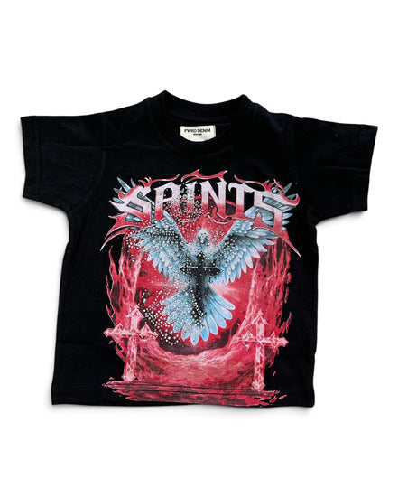 A black short-sleeve graphic t-shirt featuring a large front print with the word 'SAINTS' in stylized white letters above a blue and red angel design with crosses.