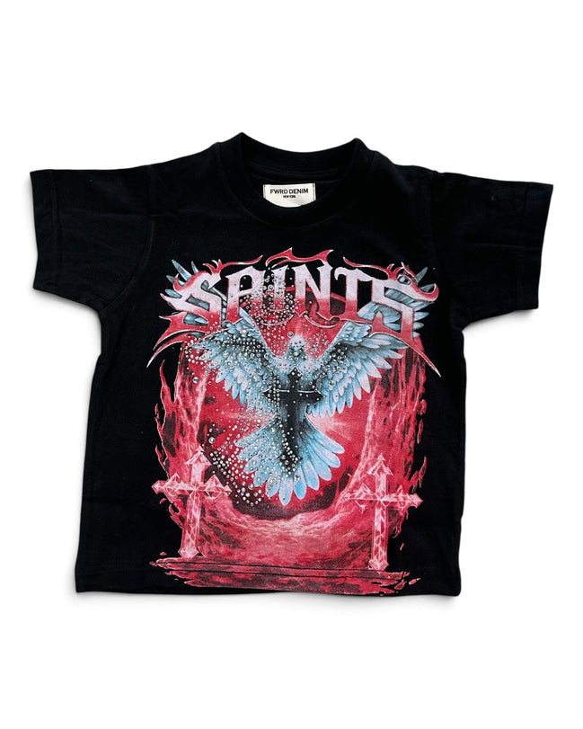 A black short-sleeve graphic t-shirt featuring a large front print with the word 'SAINTS' in stylized white letters above a blue and red angel design with crosses.