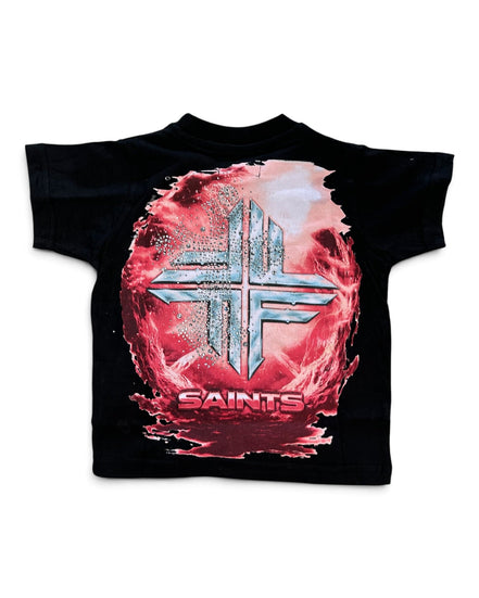 A black short-sleeve graphic T-shirt featuring a large front print with a metallic silver cross over a red and pink smoky circular design, with the word 'SAINTS' below.