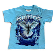 A light blue short-sleeve kids' t-shirt featuring a large graphic print of a white angel with wings on a dark blue background, with the word 'SAINTS' in stylized white lettering above.