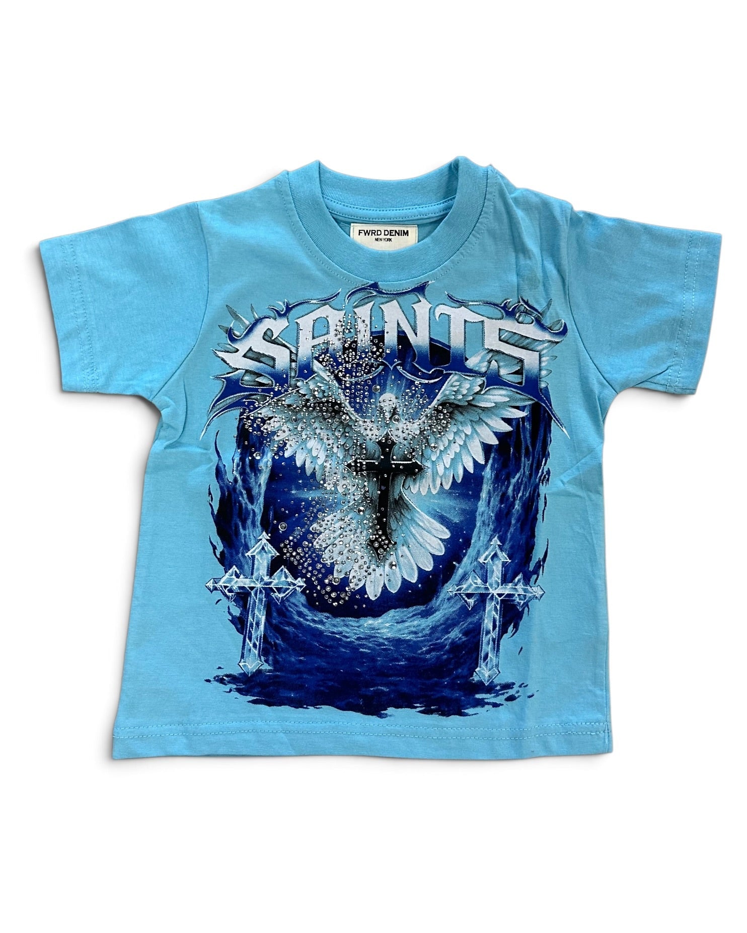 A light blue short-sleeve kids' t-shirt featuring a large graphic print of a white angel with wings on a dark blue background, with the word 'SAINTS' in stylized white lettering above.