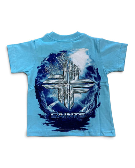 A light blue short-sleeve t-shirt with a large graphic on the front featuring a metallic silver cross, a dark blue circular water-like background, and the word 'SAINTS' printed below.