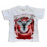 A white short-sleeve crewneck t-shirt featuring a large graphic print of a black and white eagle with red flames and the word 'SAINTS' in stylized lettering.