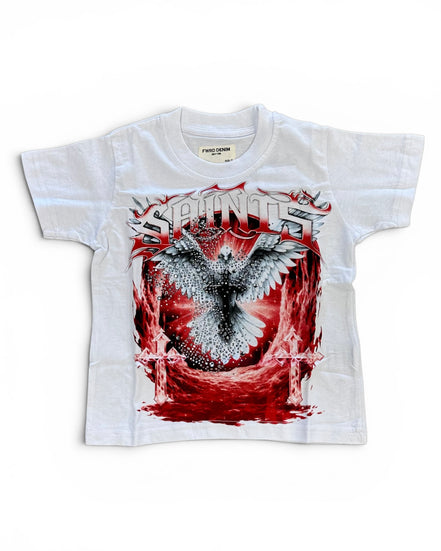 A white short-sleeve crewneck t-shirt featuring a large graphic print of a black and white eagle with red flames and the word 'SAINTS' in stylized lettering.