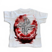 A white short-sleeve t-shirt with a large graphic print on the front featuring a metallic silver cross, a red circular background, and the word 'SAINTS' in red at the bottom.