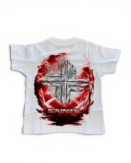 A white short-sleeve t-shirt with a large graphic print on the front featuring a metallic silver cross, a red circular background, and the word 'SAINTS' in red at the bottom.