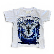A white short-sleeve kids' t-shirt featuring a large graphic print of a white angel with wings on a blue background, with the word 'SAINTS' in stylized lettering above it.