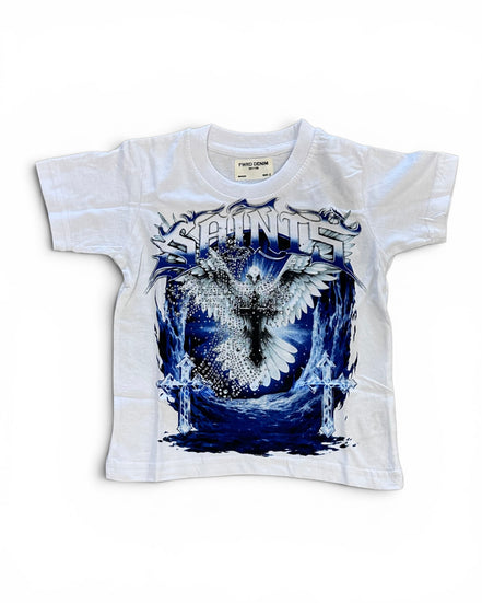 A white short-sleeve kids' t-shirt featuring a large graphic print of a white angel with wings on a blue background, with the word 'SAINTS' in stylized lettering above it.
