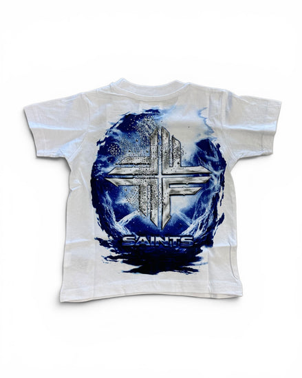 A white short-sleeve t-shirt with a large graphic on the back featuring a metallic silver cross inside a blue and white circular frame, with the word 'SAINTS' printed below.