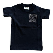 Black t-shirt with a logo on the chest against a white background