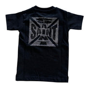 Black t-shirt with a logo on the back against a white background