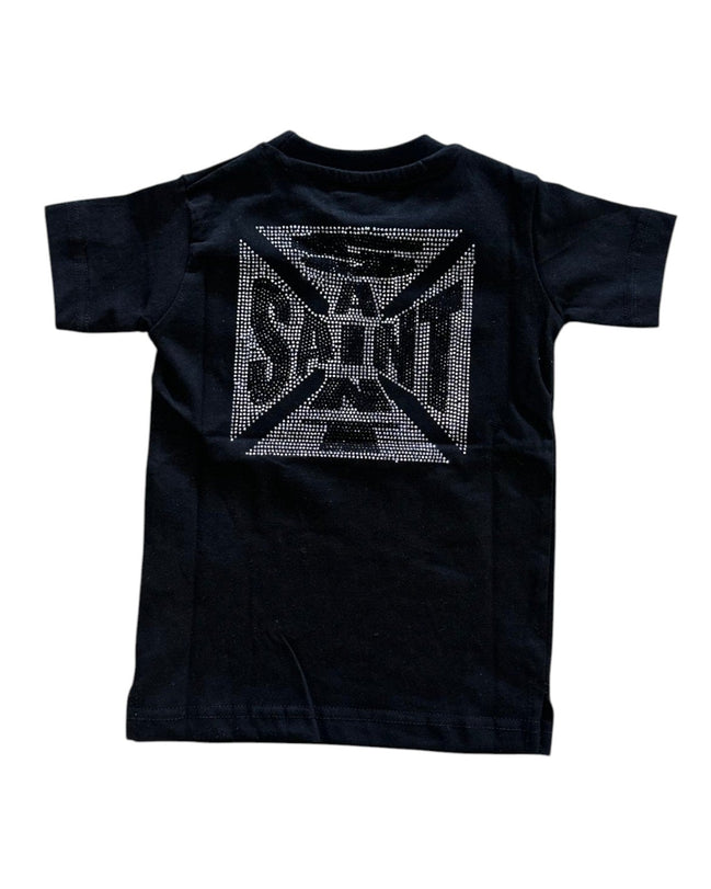 Black t-shirt with a logo on the back against a white background
