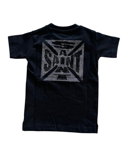 Black t-shirt with a logo on the back against a white background