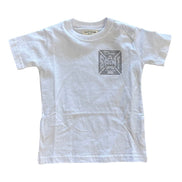 White t-shirt with a black graphic on a white background