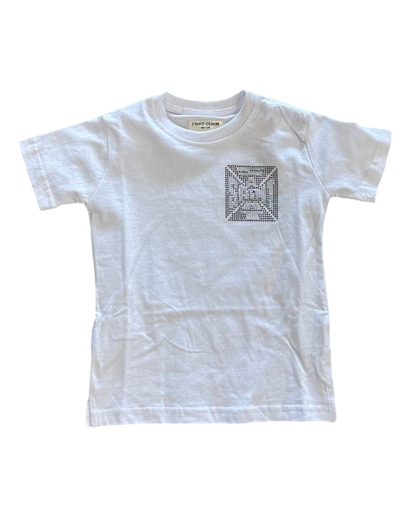 White t-shirt with a black graphic on a white background