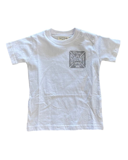 White t-shirt with a black graphic on a white background