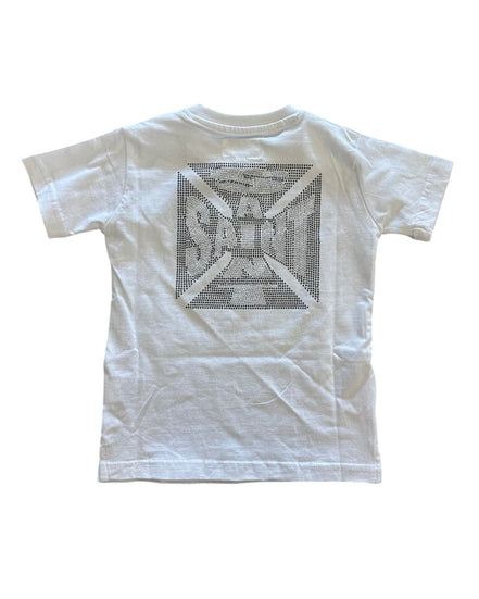 White t-shirt with black graphic design on a white background