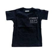 Black t-shirt with 'STREET DEPT. WORLDWIDE' text on a white background