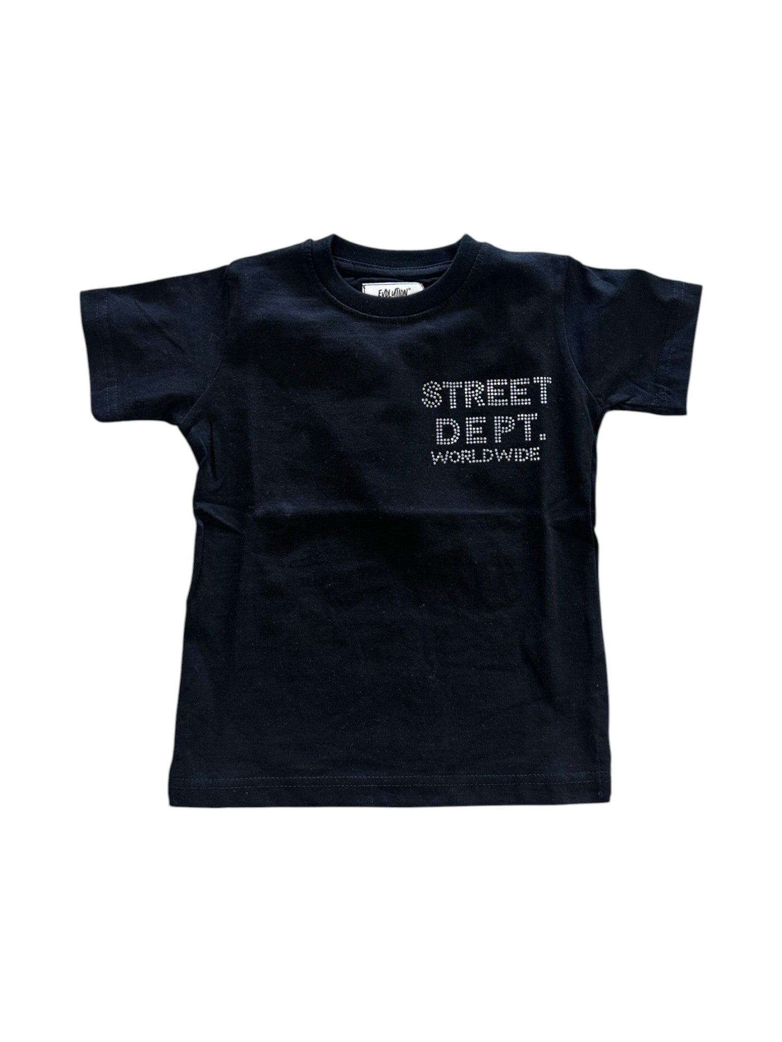 Black t-shirt with 'STREET DEPT. WORLDWIDE' text on a white background