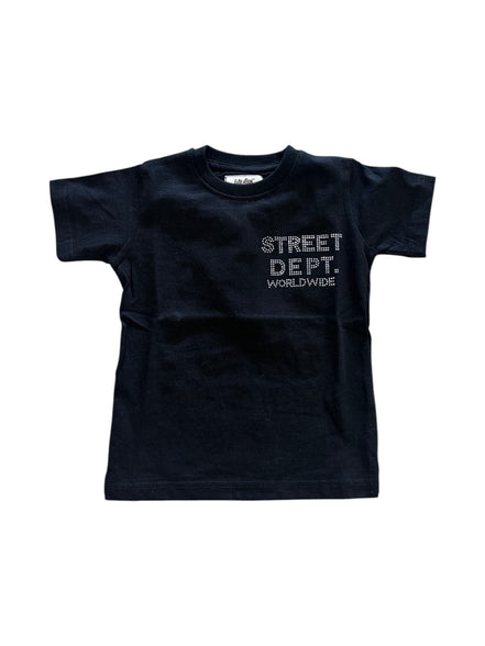 Black t-shirt with 'STREET DEPT. WORLDWIDE' text on a white background
