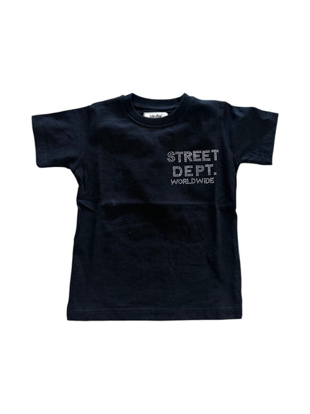 Black t-shirt with 'STREET DEPT. WORLDWIDE' text on a white background