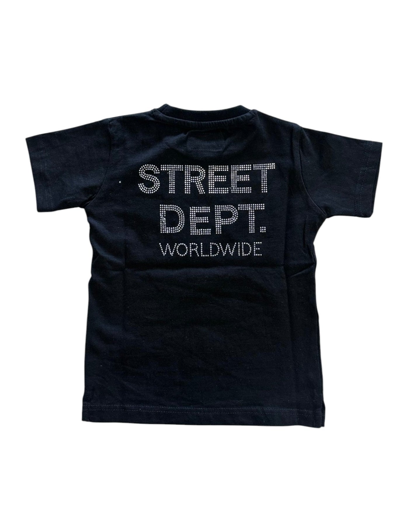 Black t-shirt with 'STREET DEPT. WORLDWIDE' text on a white background