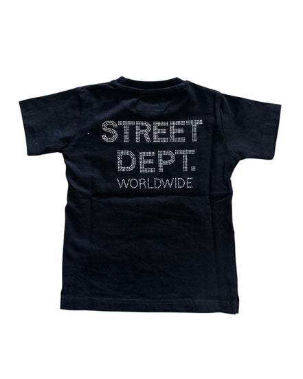 Black t-shirt with 'STREET DEPT. WORLDWIDE' text on a white background
