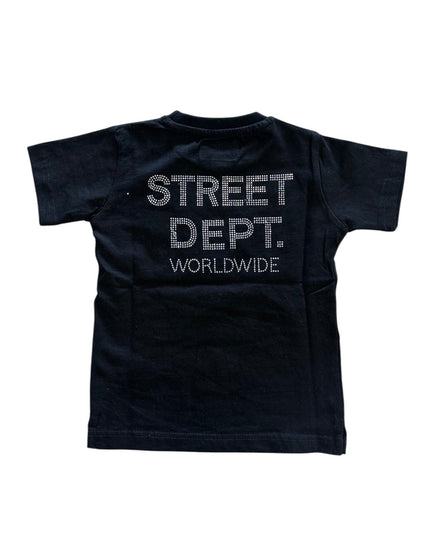 Black t-shirt with 'STREET DEPT. WORLDWIDE' text on a white background