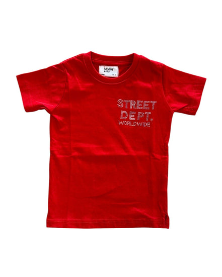 Red t-shirt with 'Street Dept. Worldwide' text on a white background