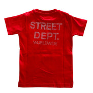 Red t-shirt with 'STREET DEPT. WORLDWIDE' text on the back against a white background