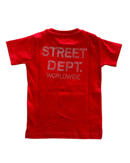 Red t-shirt with 'STREET DEPT. WORLDWIDE' text on the back against a white background