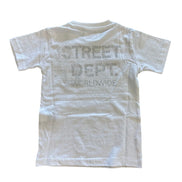 White t-shirt with text on the back on a white background