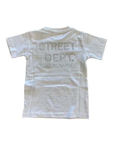 White t-shirt with text on the back on a white background