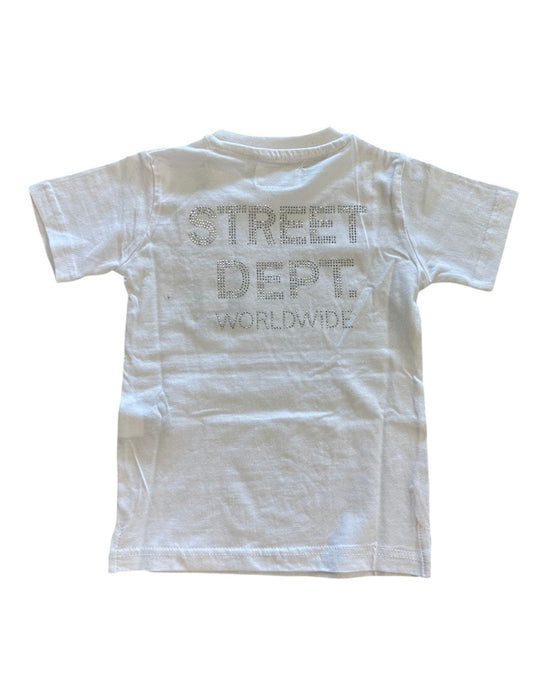 White t-shirt with text on the back on a white background