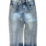 Light blue denim jeans with a faded wash and silver rhinestone embellishments along the outer seams, shown flat against a white background.