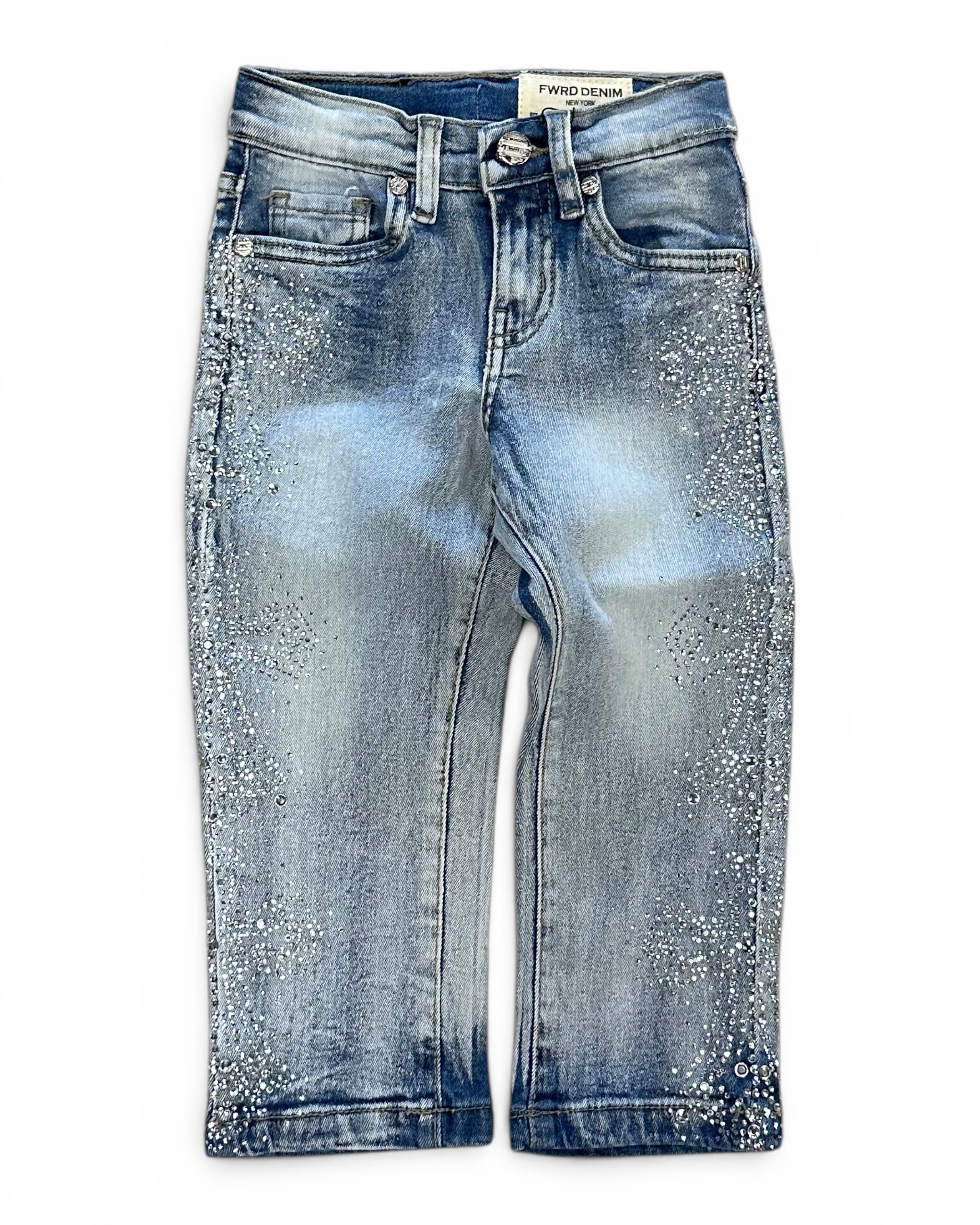 Light blue denim jeans with a faded wash and silver rhinestone embellishments along the outer seams, shown flat against a white background.