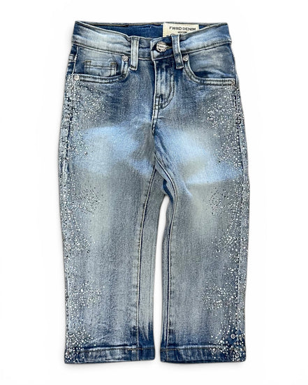 Light blue denim jeans with a faded wash and silver rhinestone embellishments along the outer seams, shown flat against a white background.