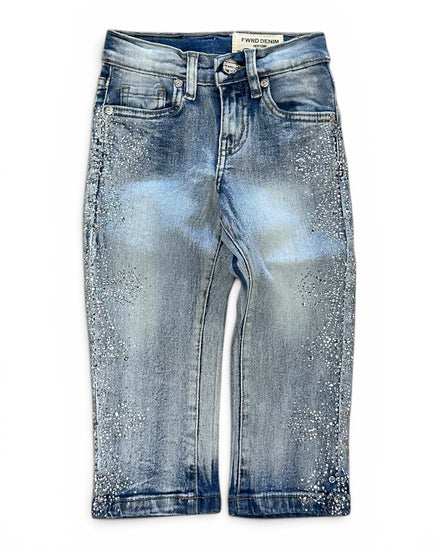 Light blue denim jeans with a faded wash and silver rhinestone embellishments along the outer seams, shown flat against a white background.