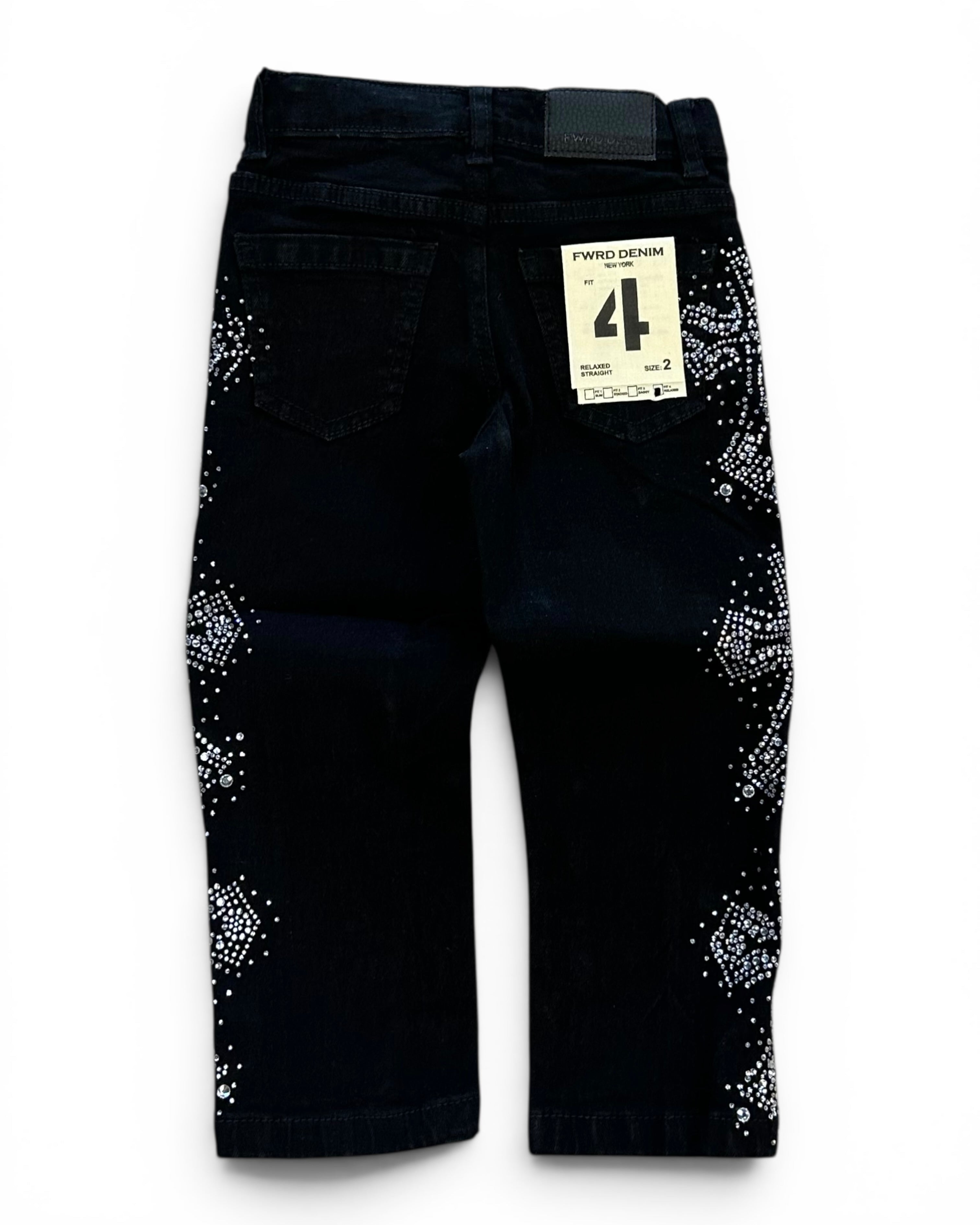 Black denim pants with white rhinestone embellishments on the outer thighs, shown from the back with a size 4 paper tag attached.