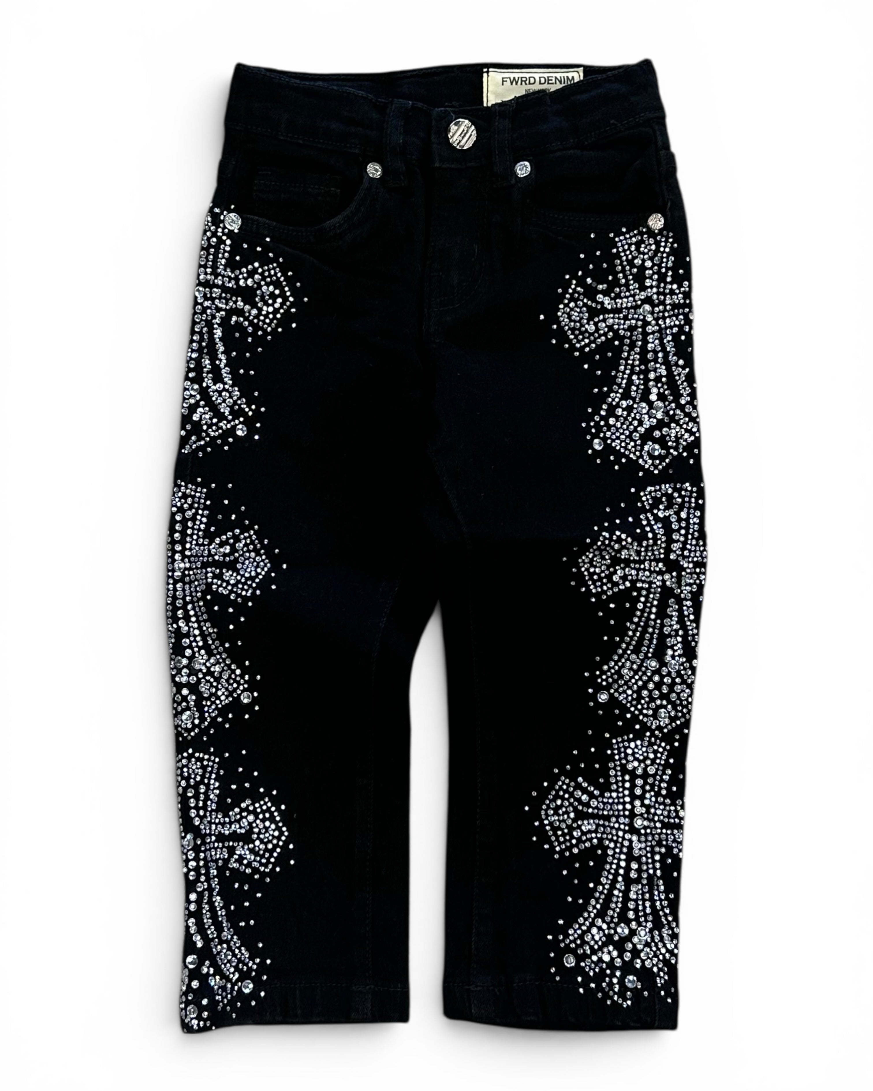 Black denim pants featuring large silver rhinestone cross designs on both legs, shown against a plain white background.