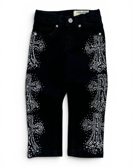 Black denim pants featuring large silver rhinestone cross designs on both legs, shown against a plain white background.